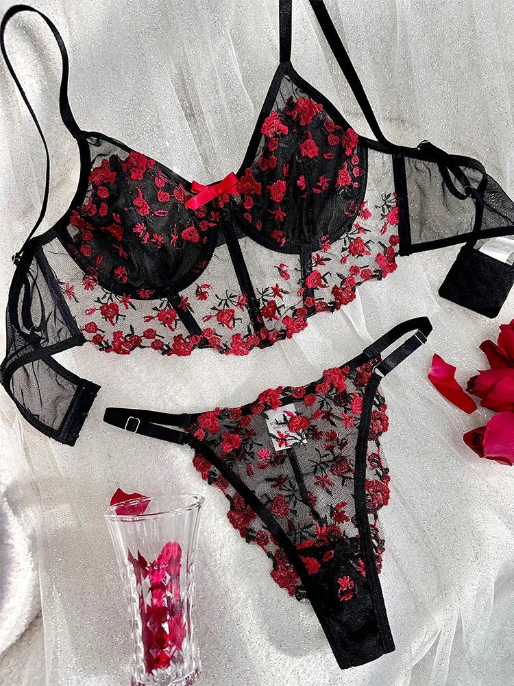 Floral Embroidery Lingerie Set Women Boho Erotic Lingerie Push Up Bra Panty Set Lace Underwear Valentine's Day Romantic Lingerie