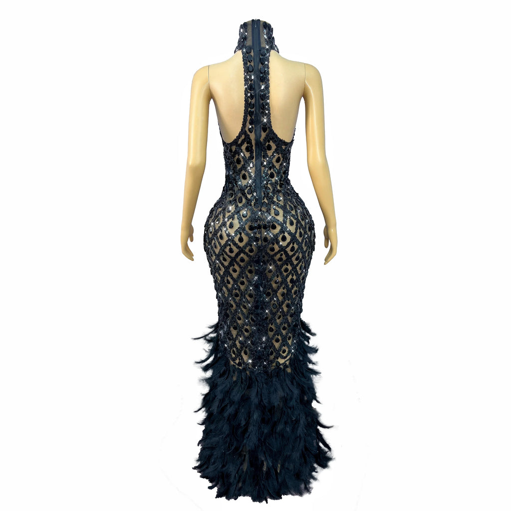 Sparkly Rhinestone Feather Sheer Mesh Evening Gown Stage Fashion Show Outfit