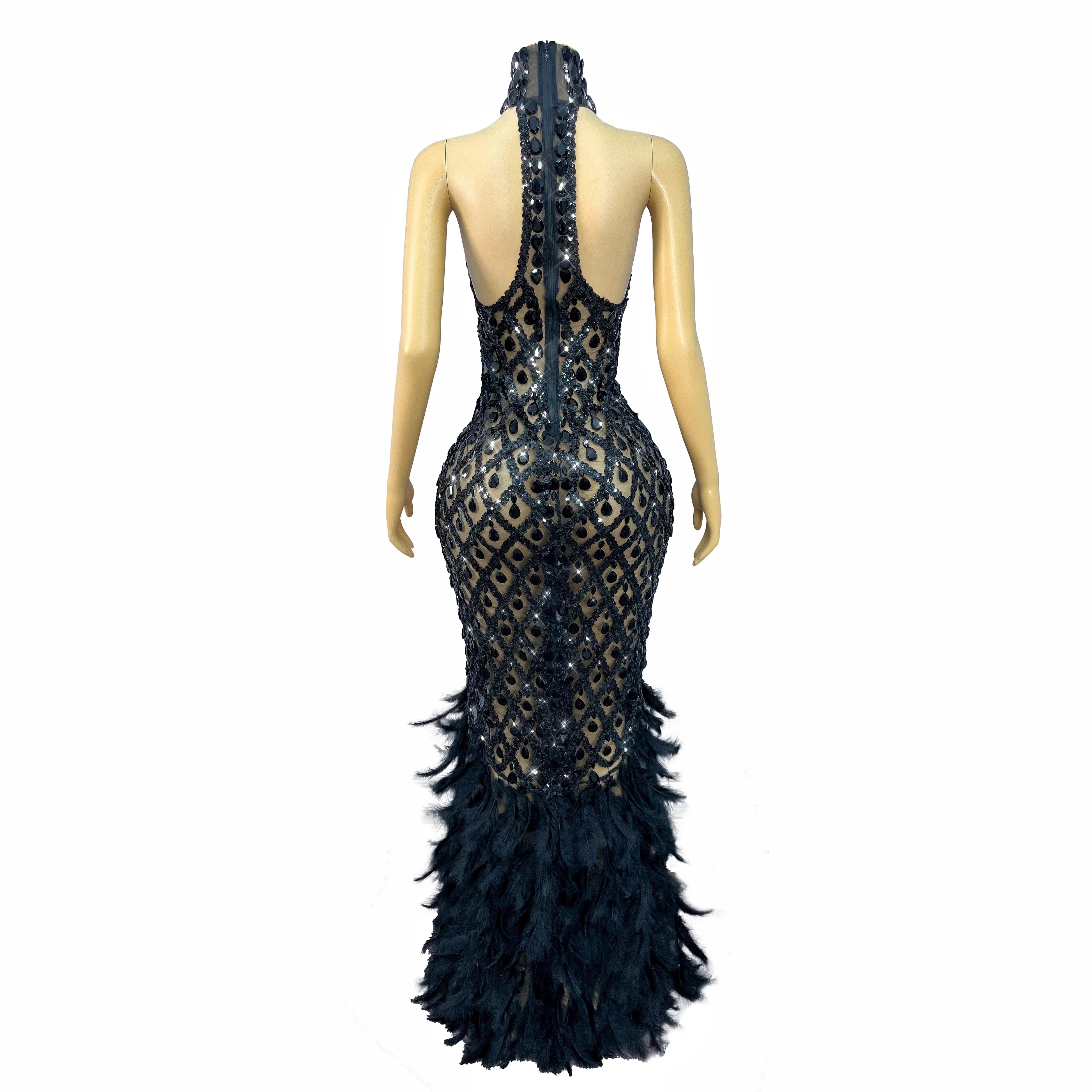 Sparkly Rhinestone Feather Sheer Mesh Evening Gown Stage Fashion Show Outfit