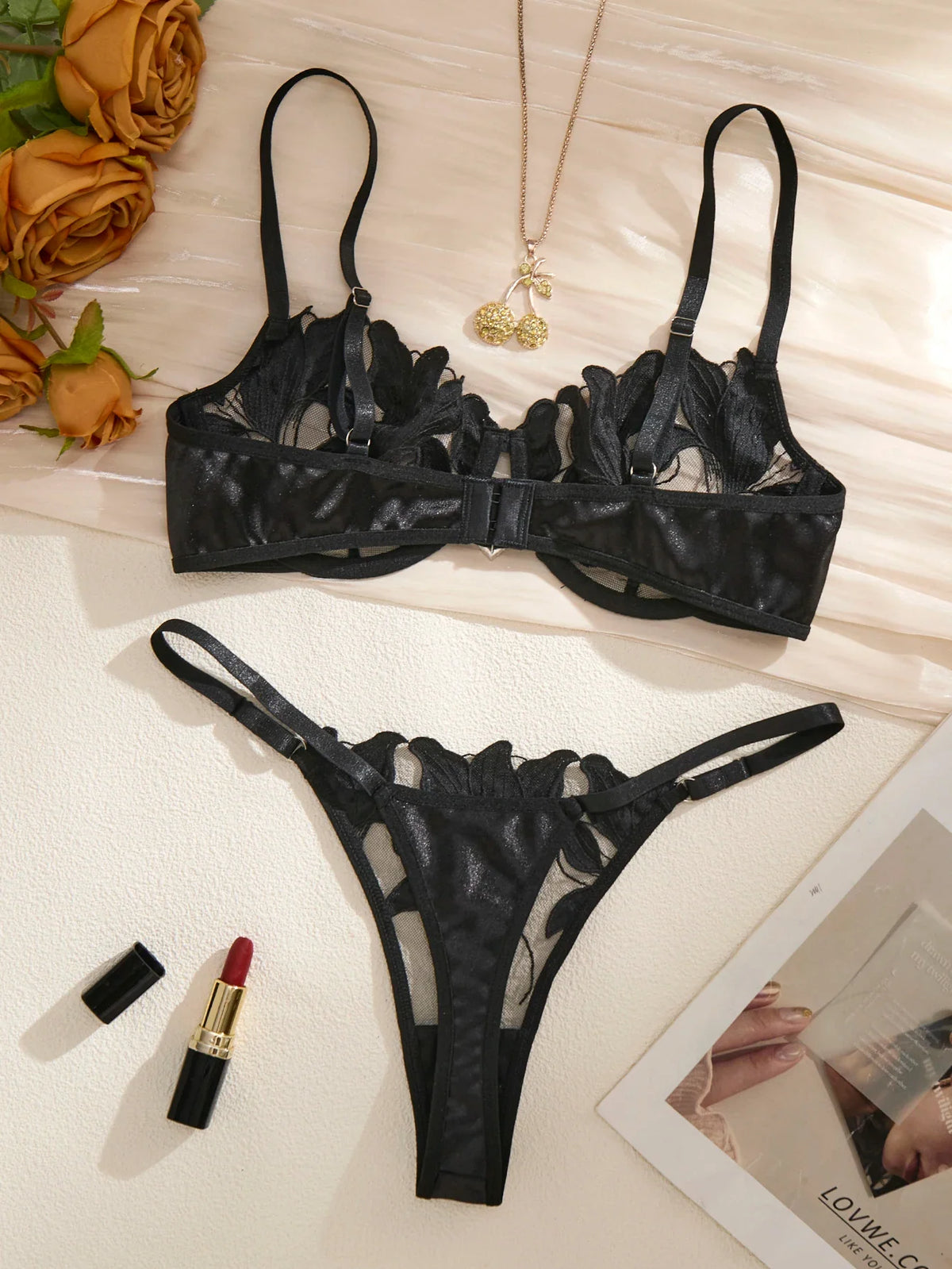 Black French-style Floral Embroidery Lace Lingerie, Sexy and Soft Steel-bra-cupped Supportive Bra,Valentine's Day Party ZA82403