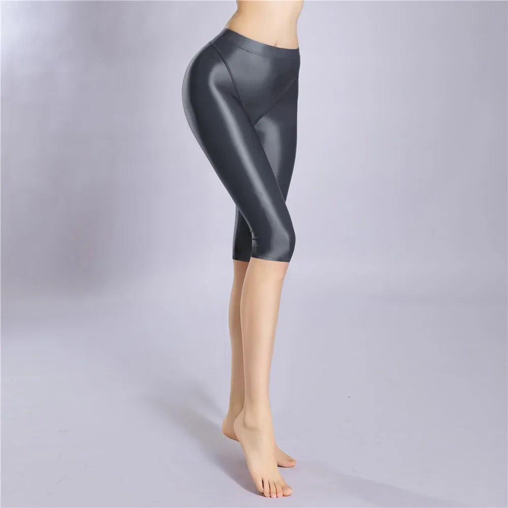 Women's Oil Glossy Sheer High-Waist Shaping Shorts Satin Smooth Leggings