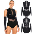 Sparkly Sequin Mock Neck Dance Leotard & Gloves Two-Piece Bodysuit Set