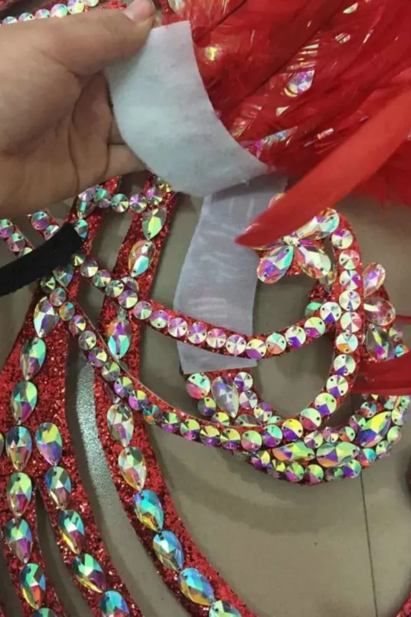 Ornate Red Feather & Rhinestone Carnival Set