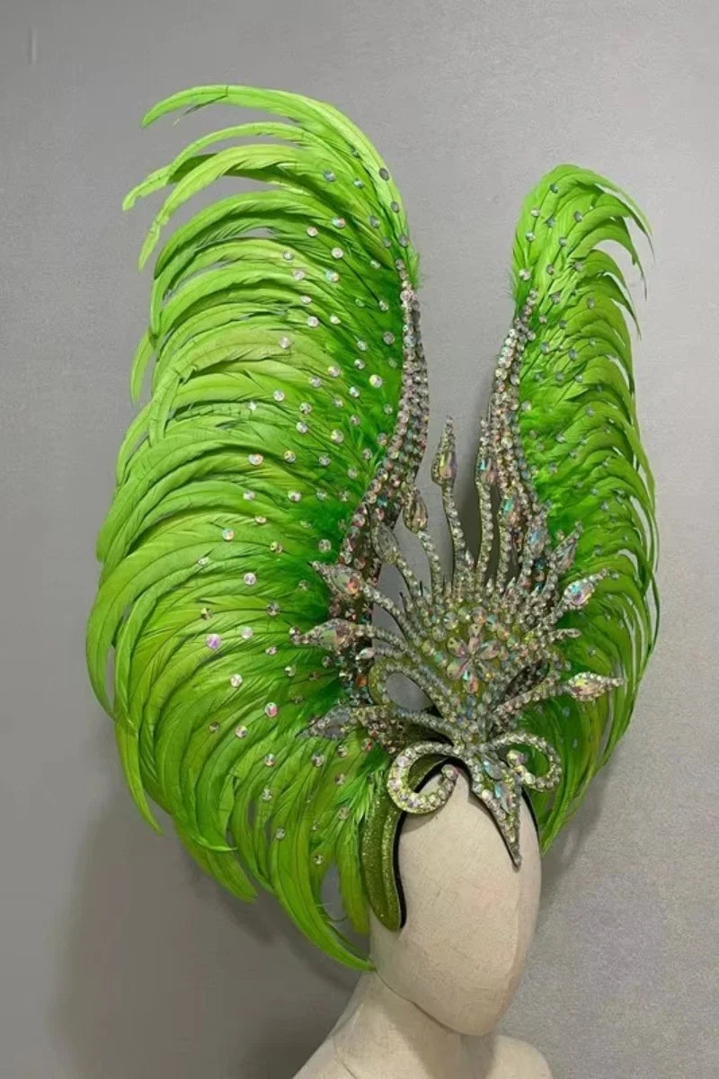The Stardust Vertigo – Emerald Green Feathered Carnival & Samba Headdress