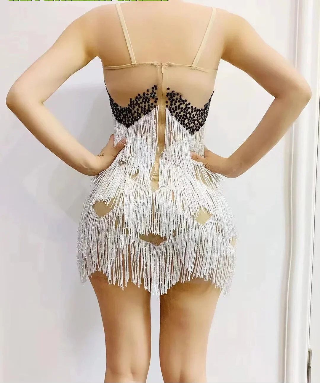 White Pearl Rhinestone Fringe Mini Dress Spaghetti Strap Cocktail Stage Costume
