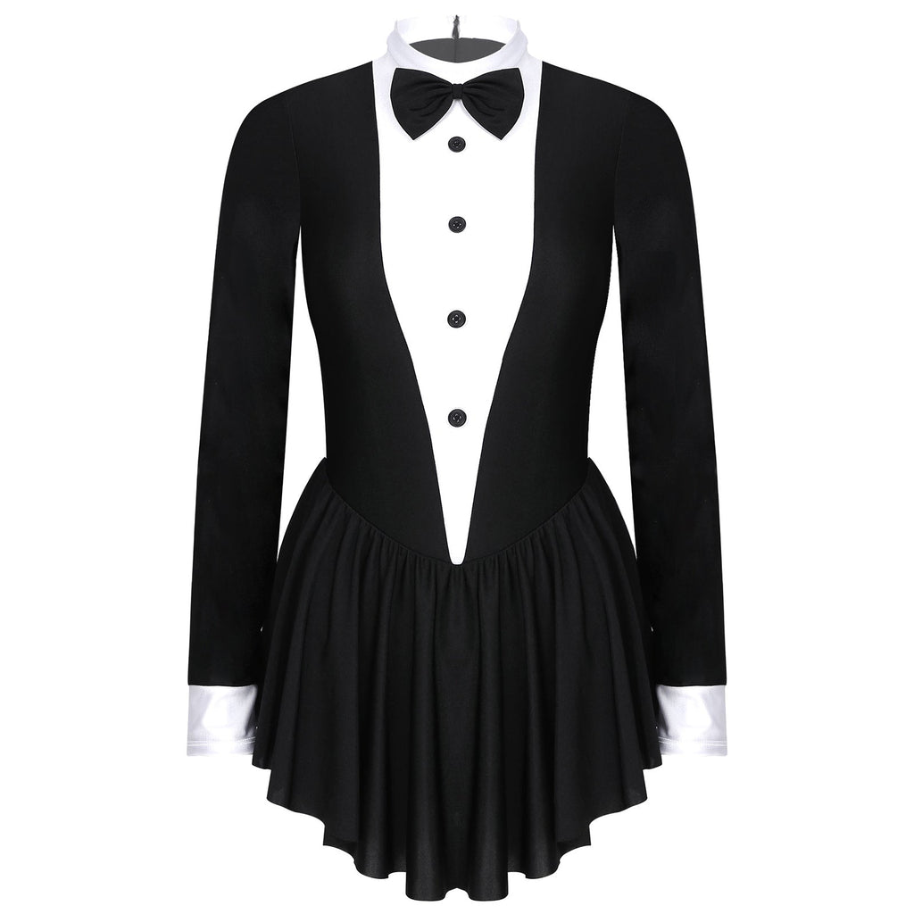Tuxedo Bowknot Long Sleeve Ruffle Leotard Dress Magician Costume