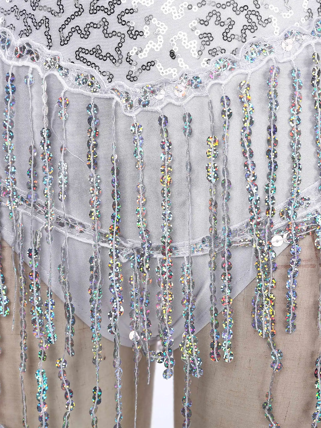 Sequined Fringe Latin Dance & Figure Skating Jumpsuit Leotard Set with Mesh Gloves