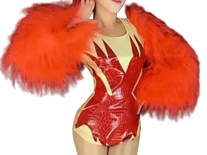 Sultry Red Feather Showgirl Bodysuit & Stage Costume Set