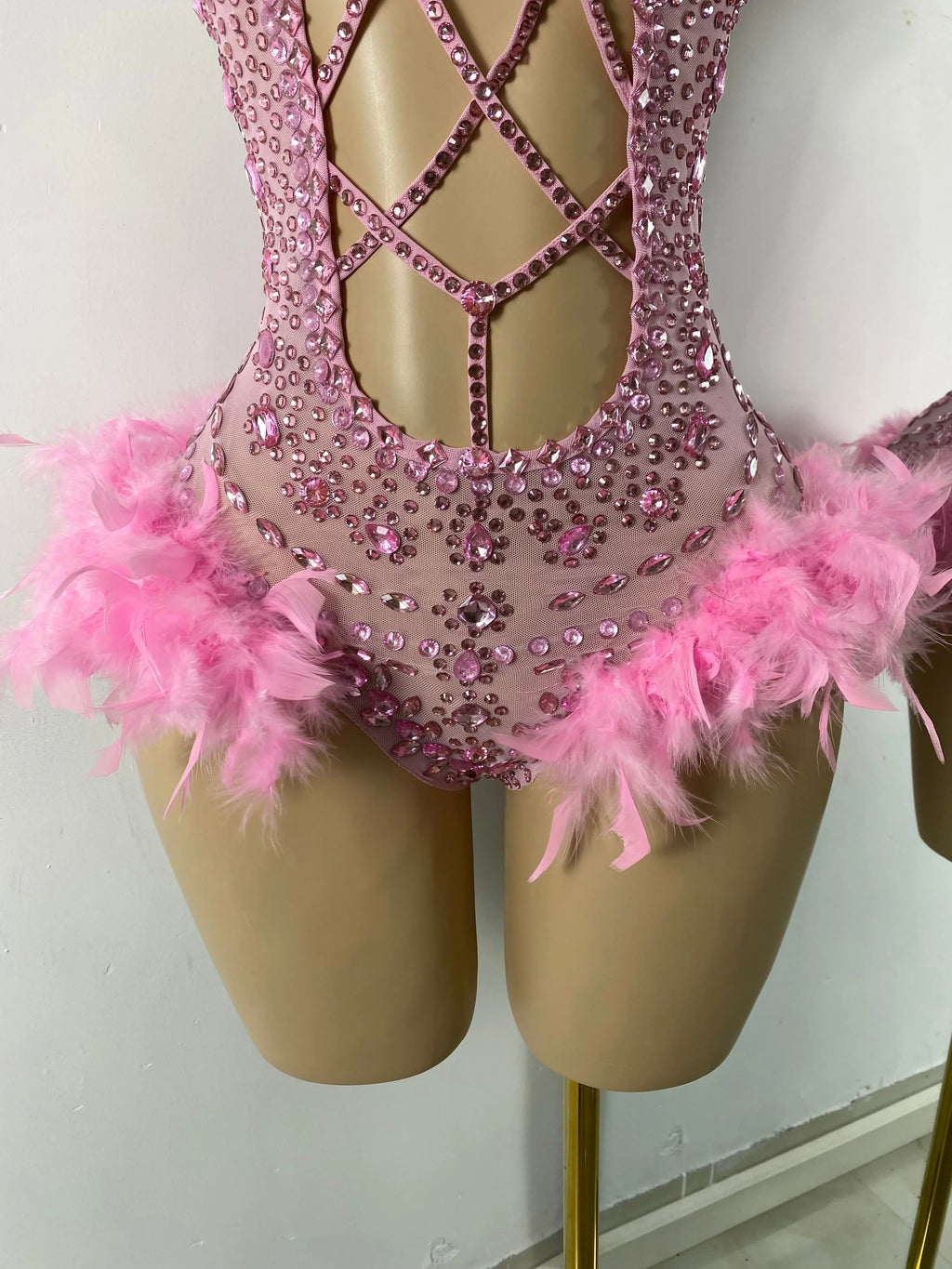 The Stardust Follies Feather Bodysuit – Luxury Rhinestone & Mesh Showgirl Costume