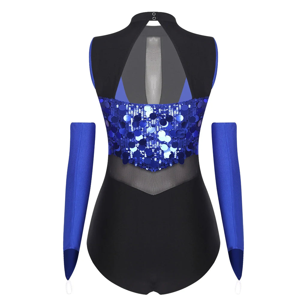 Sparkly Sequin Mock Neck Dance Leotard & Gloves Two-Piece Bodysuit Set