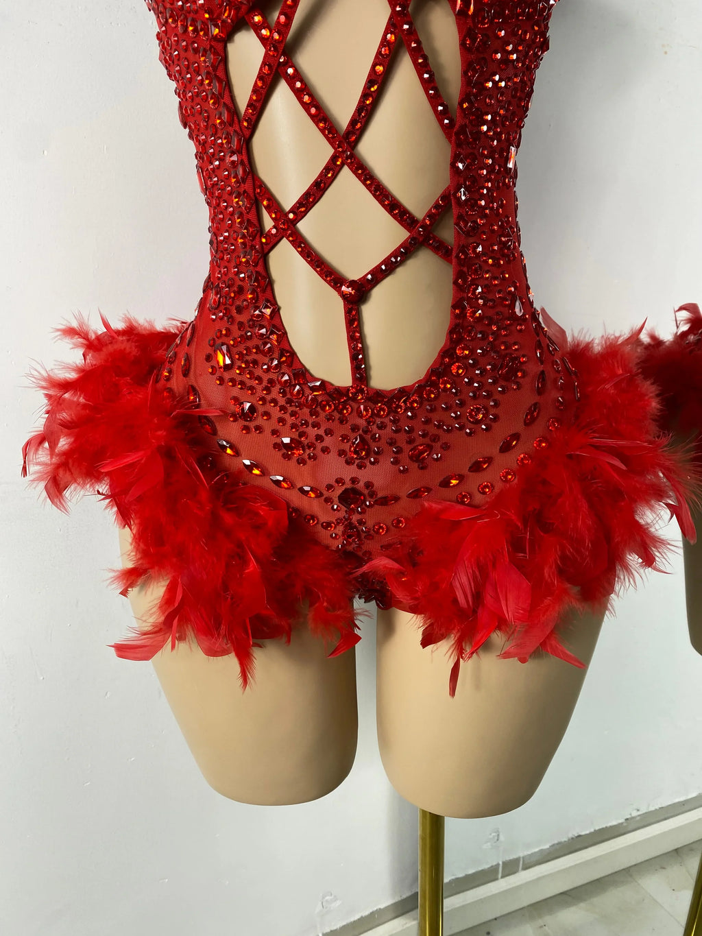 The Stardust Follies Feather Bodysuit – Luxury Rhinestone & Mesh Showgirl Costume