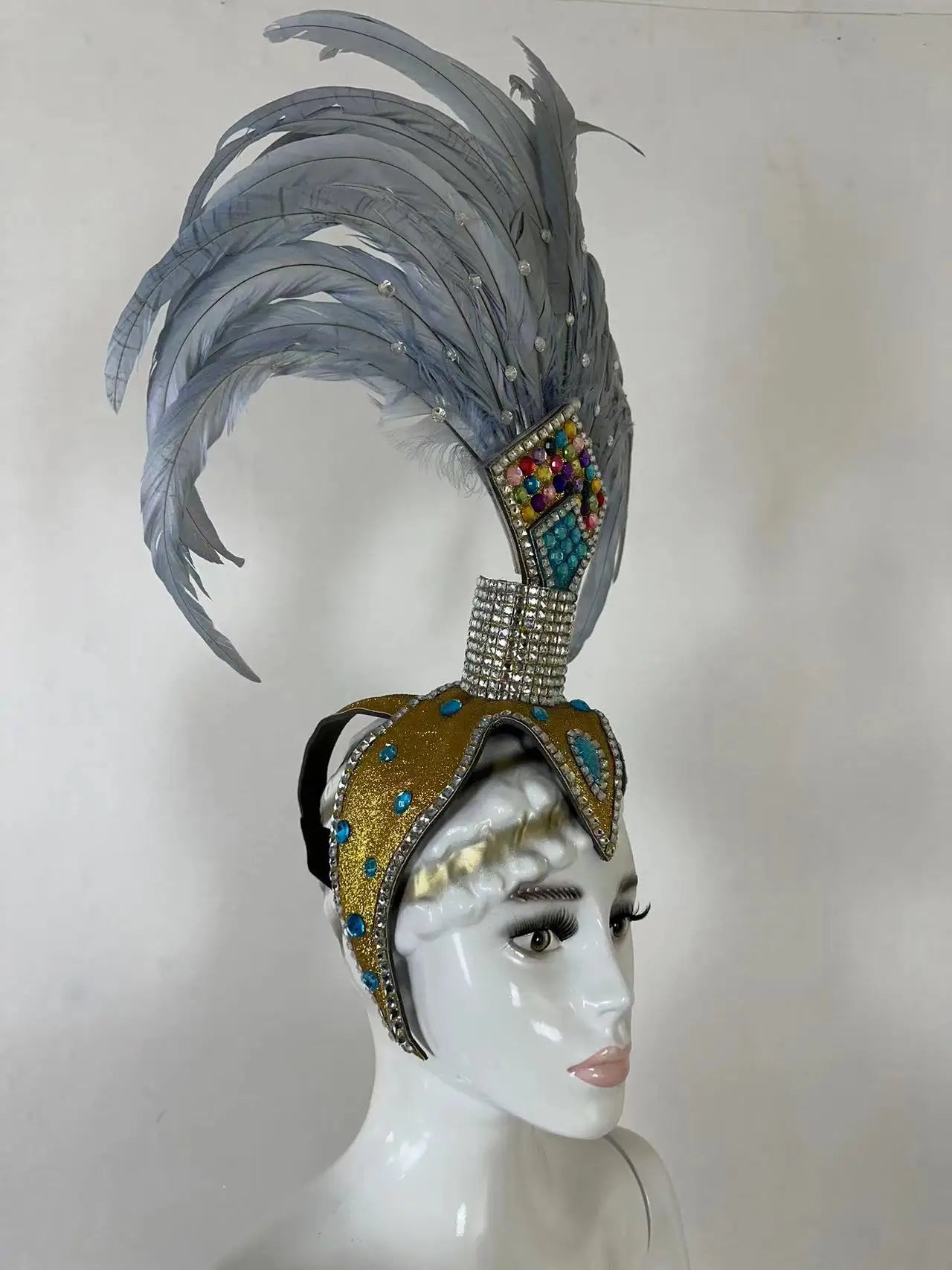 The Stardust Dionysia – Silver & Charcoal Feather Carnival & Masque Ball Headdress