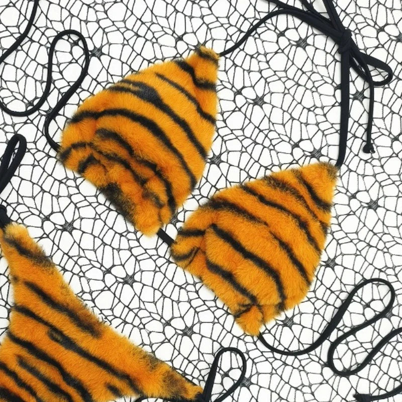 The Stardust Wildcat Knit Bikini – Retro Tiger Print Showgirl Set