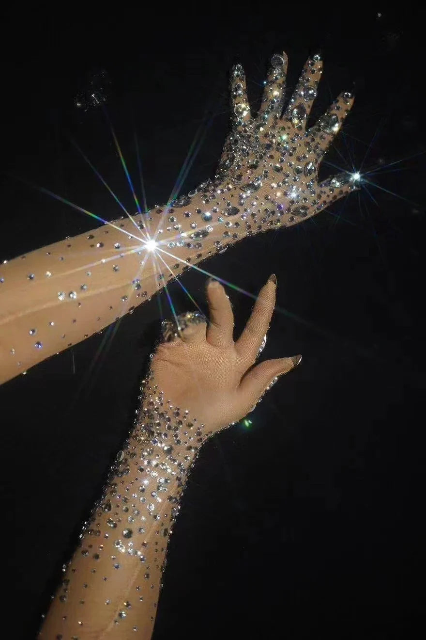The Stardust Illusion Rhinestone Gloves – Luxury Crystal Mesh Opera Gloves