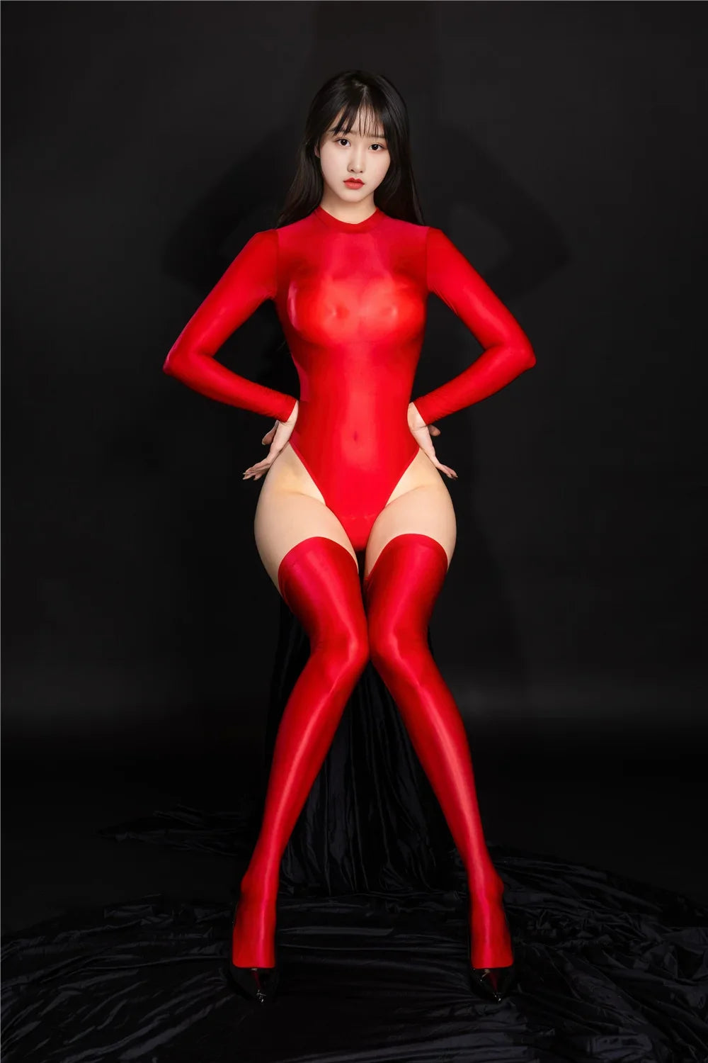 Oil Glossy High-Cut Open Crotch Shaping Bodysuit & Matching Stockings Set