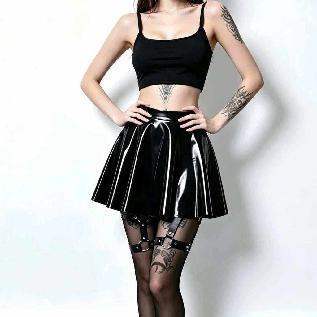 Gothic PU Leather PVC Shiny Flared Pleated Mini A-Line Skirt
