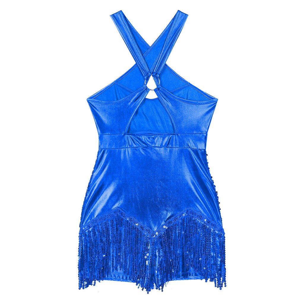 Sequined Fringe Cross-Front Latin Dance Leotard Costume Dress