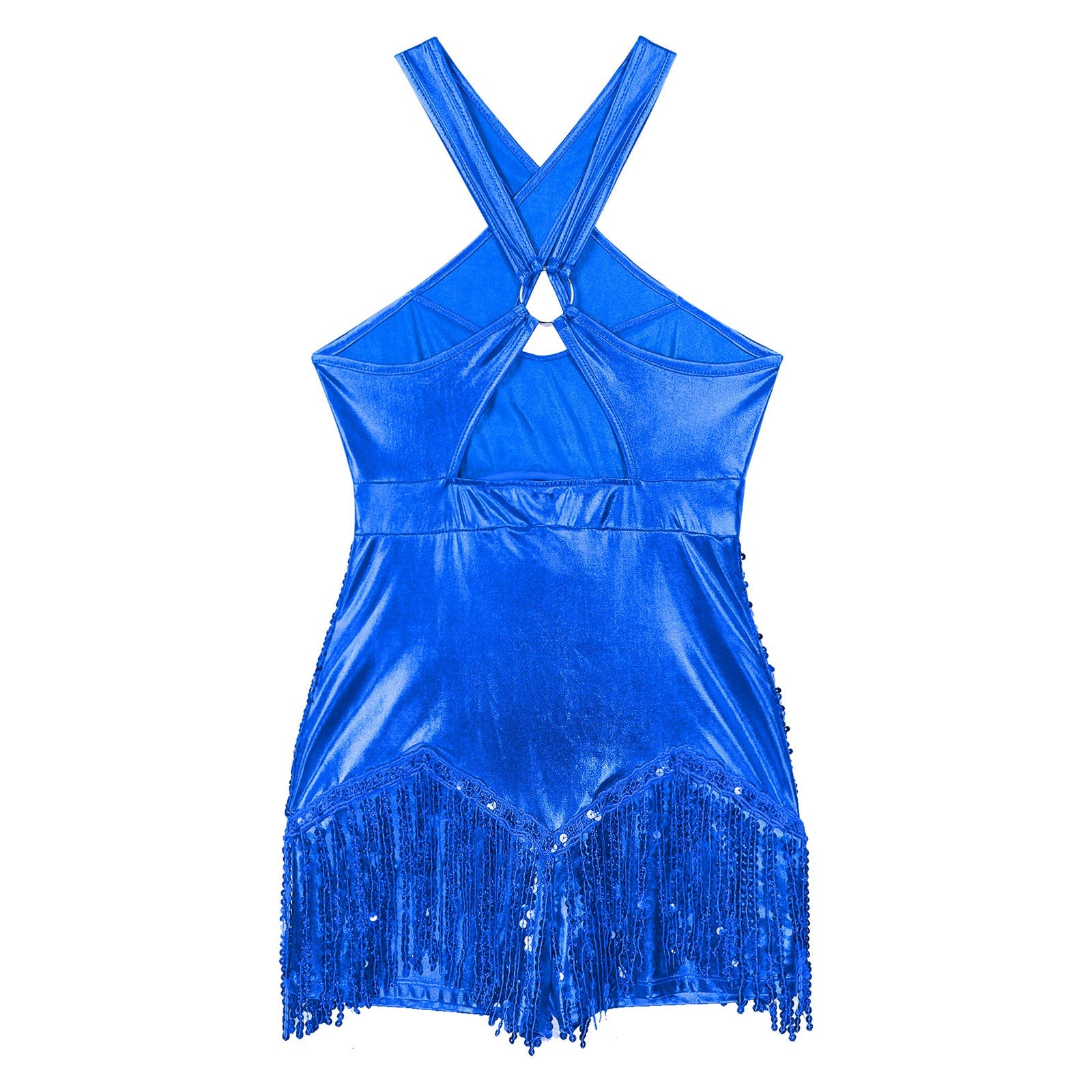 Sequined Fringe Cross-Front Latin Dance Leotard Costume Dress