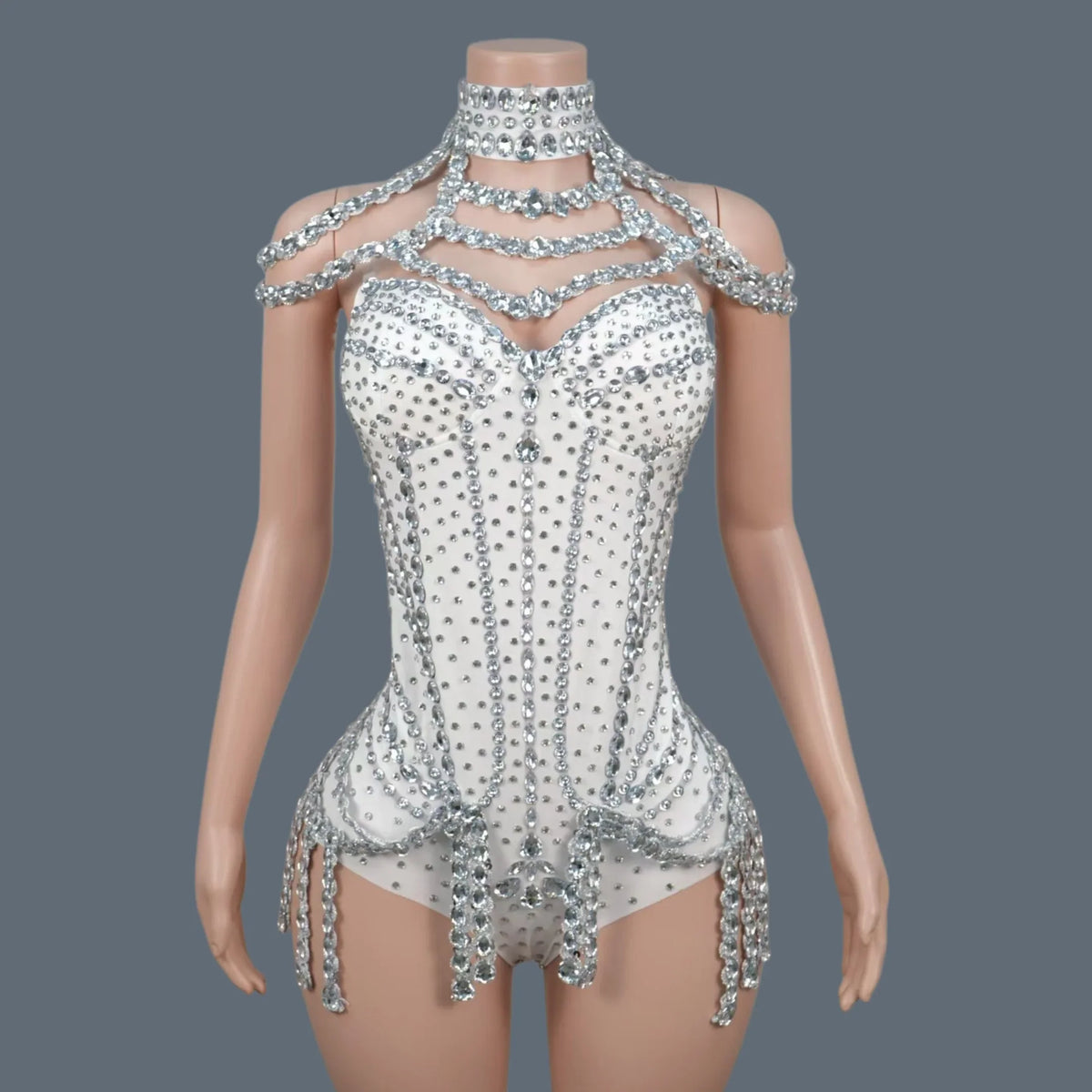 Sparkly Rhinestone Tassel Spandex Bodysuit Halter Dance Stage Costume Leotard