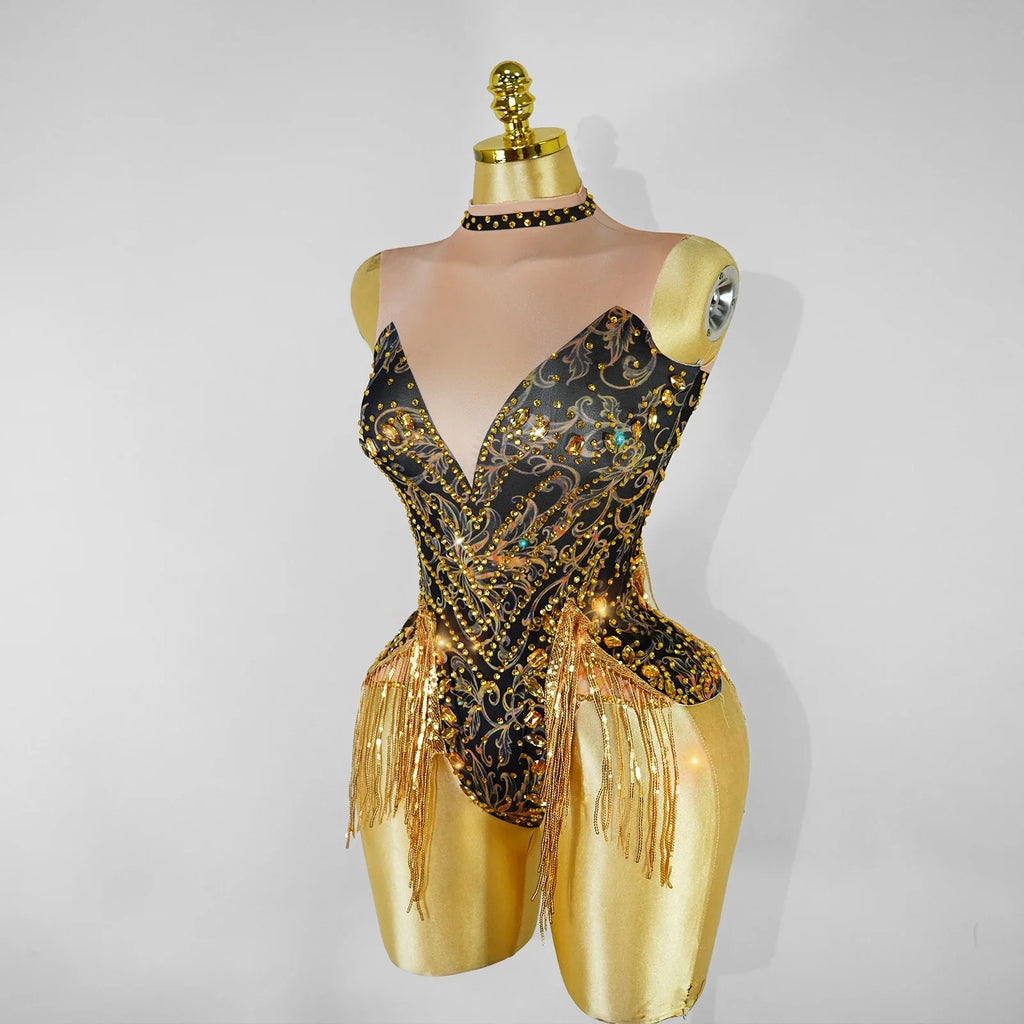 Gold Rhinestone & Tassel Sleeveless Bodysuit Salsa Latin Dance Stage Costume