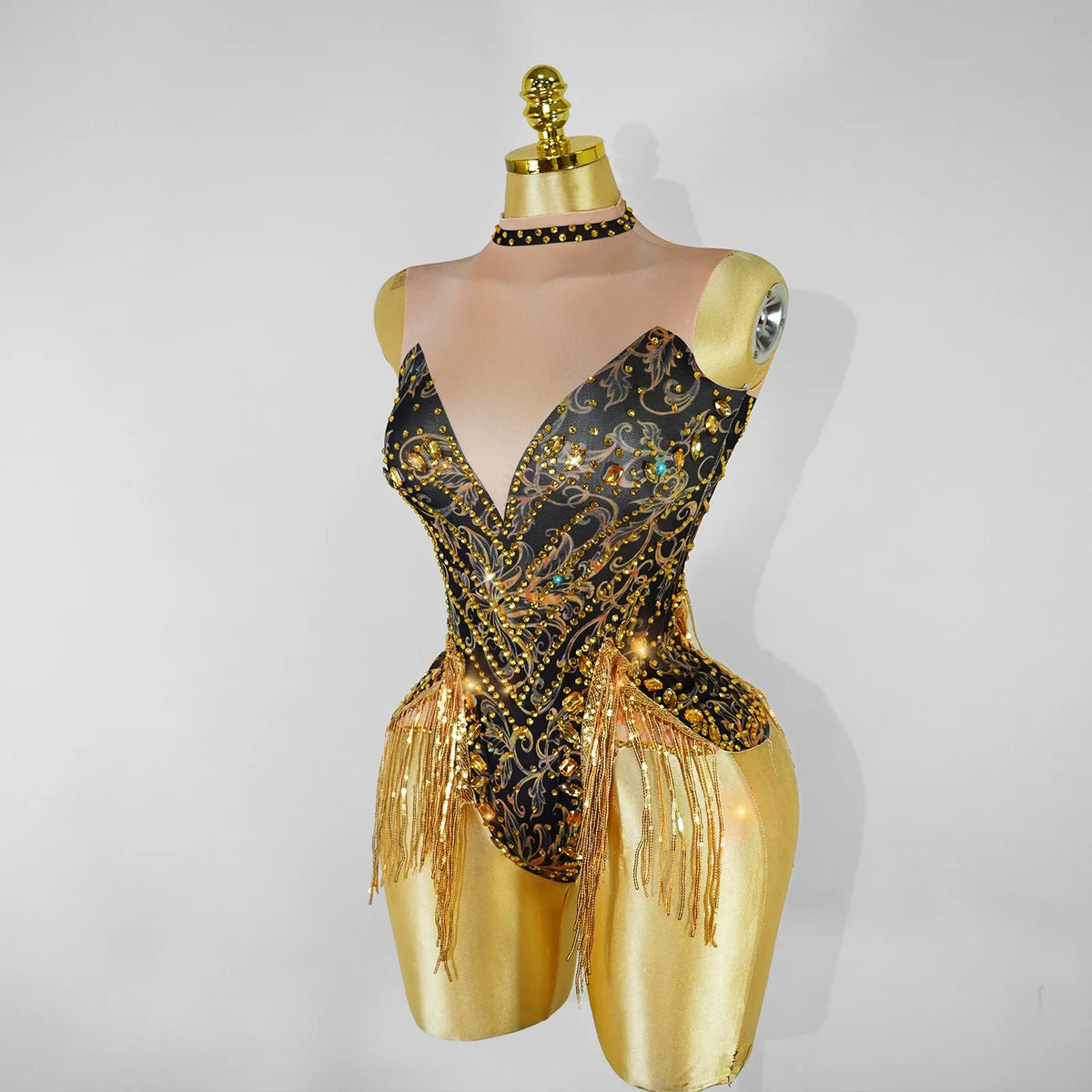 Gold Rhinestone & Tassel Sleeveless Bodysuit Salsa Latin Dance Stage Costume