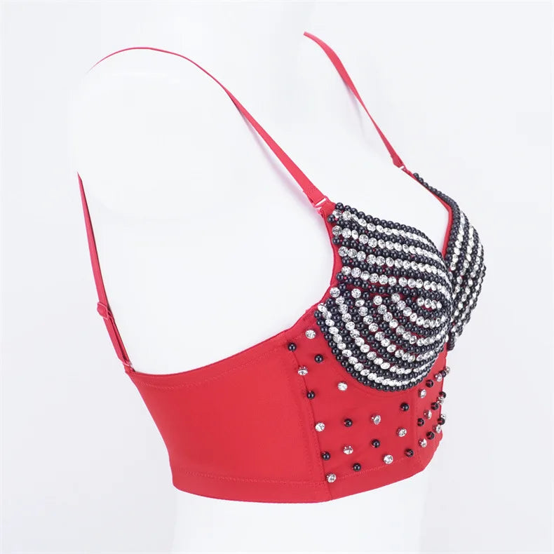 Rhinestone Beaded Bustier Corset Crop Top High Fashion Evening Party Bralette