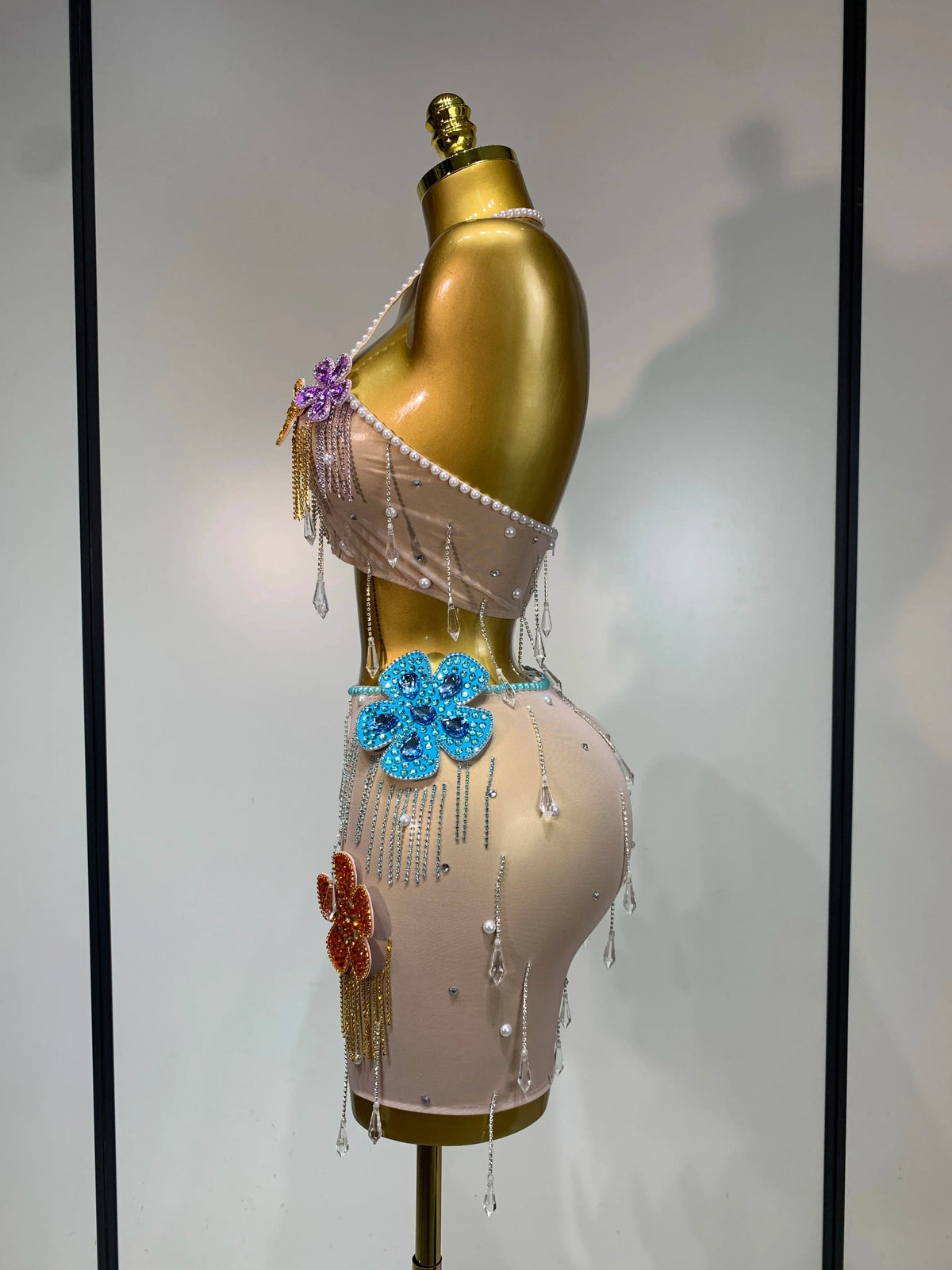 Colorful Rhinestone Pearl Sheer Dress & Two-Piece Mini Skirt Set Celebration Outfit