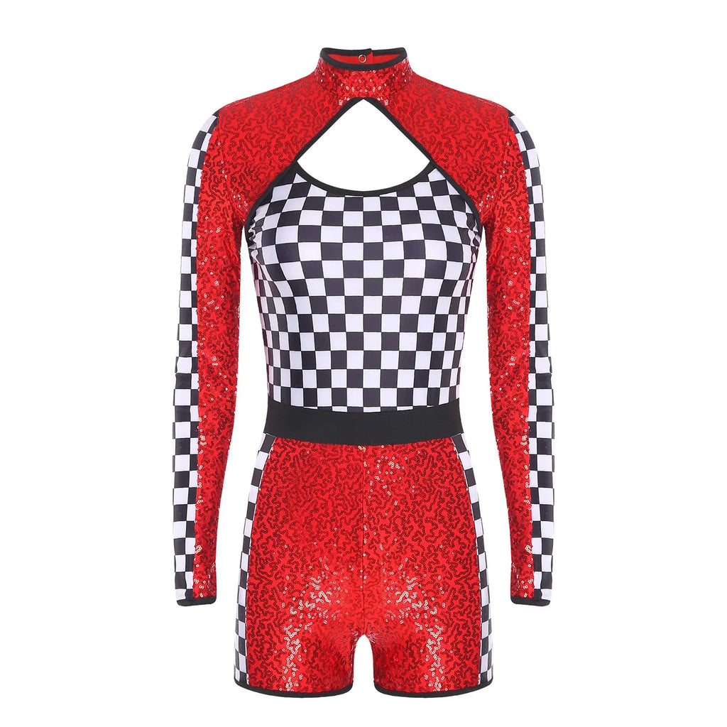 Sequin Checkerboard Car Racing Driver Costume Cutout Long Sleeve Romper Jumpsuit