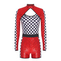 Sequin Checkerboard Car Racing Driver Costume Cutout Long Sleeve Romper Jumpsuit
