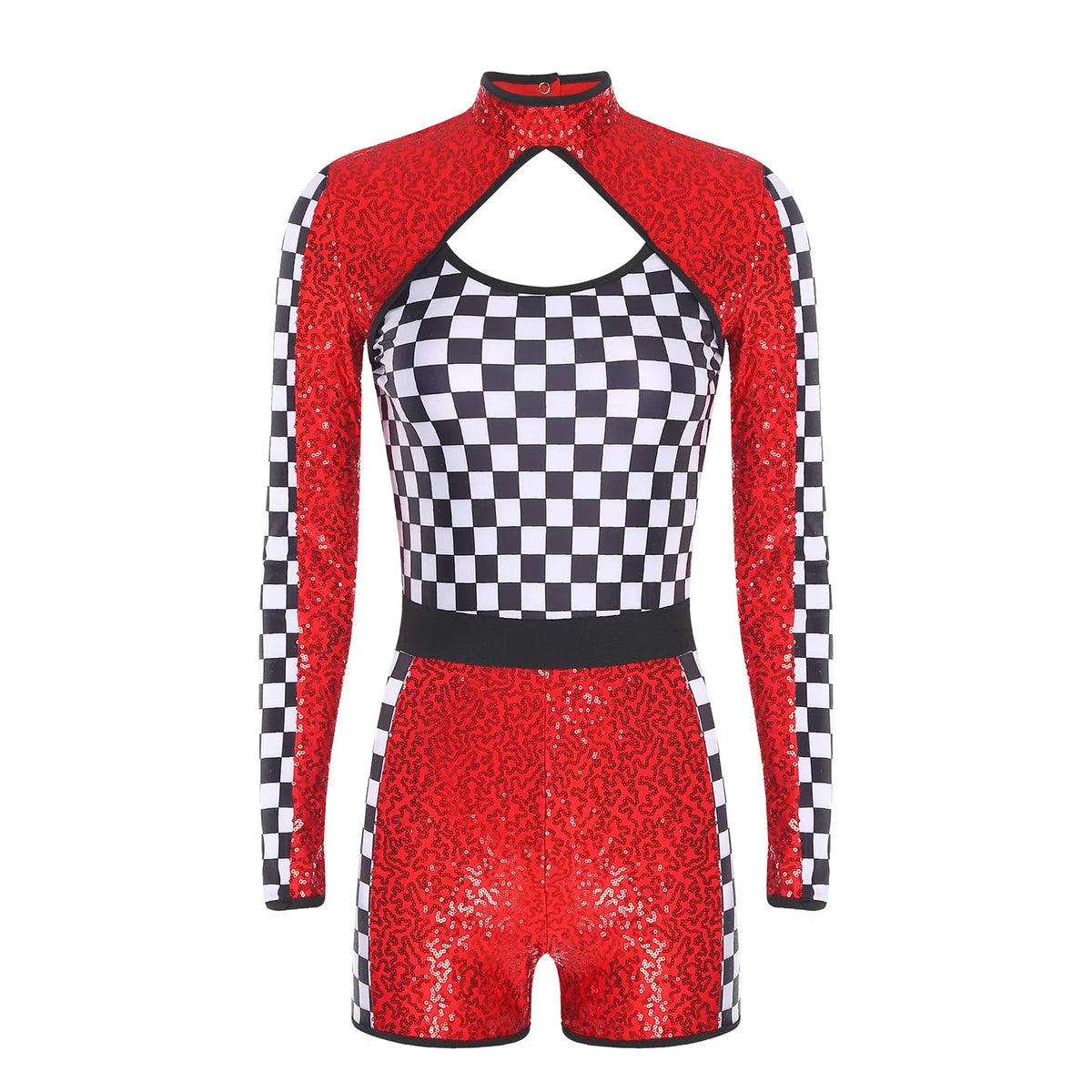 Sequin Checkerboard Car Racing Driver Costume Cutout Long Sleeve Romper Jumpsuit