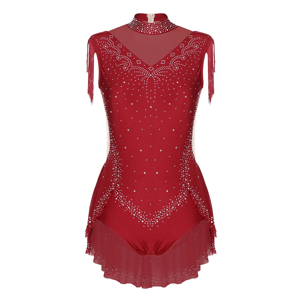 Rhinestone Mock Neck Mesh Tassel Leotard