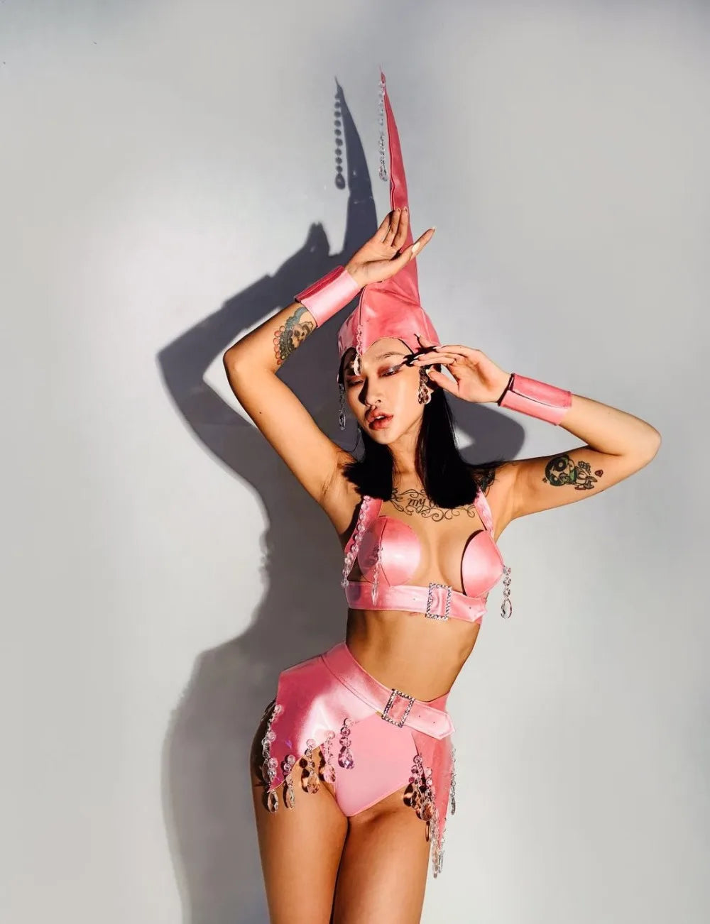 Crystal & PU Leather Roleplay Dance Costume Set