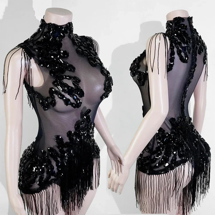The Stardust Midnight Cabaret Bodysuit – Luxury Rhinestone & Mesh Showgirl Costume
