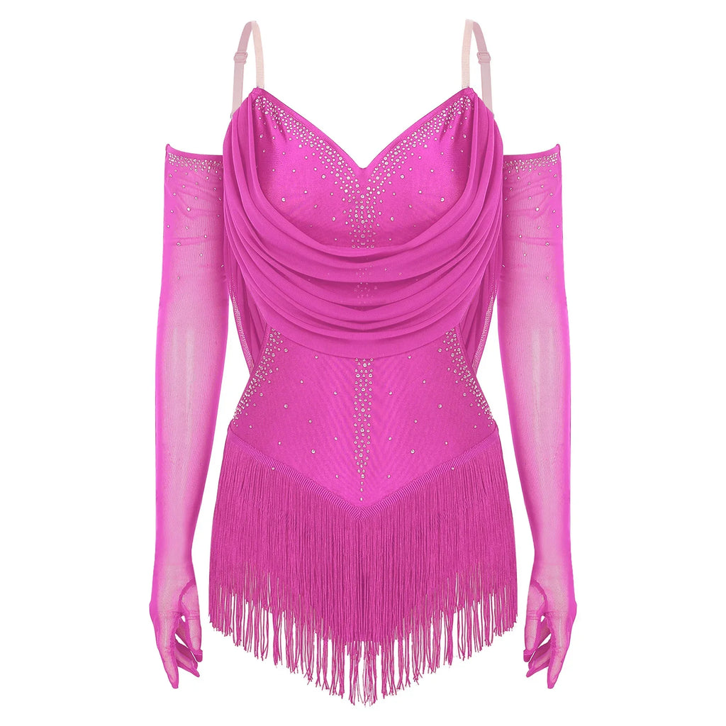 Sparkly Rhinestone & Tassel Fringe Dance Leotard with Gloves Two-Piece Stage Costume
