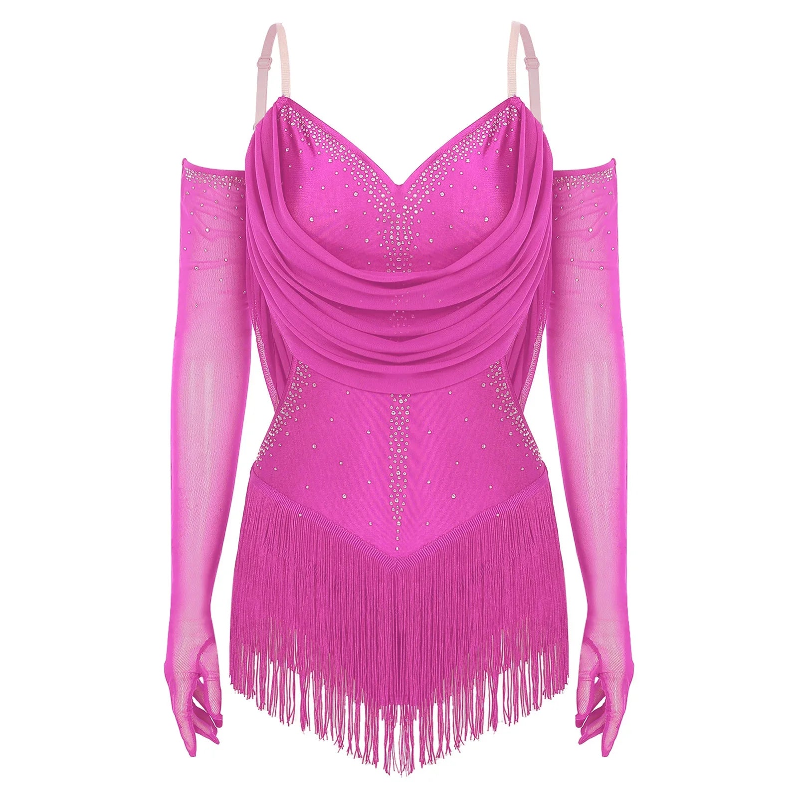 Sparkly Rhinestone & Tassel Fringe Dance Leotard with Gloves Two-Piece Stage Costume