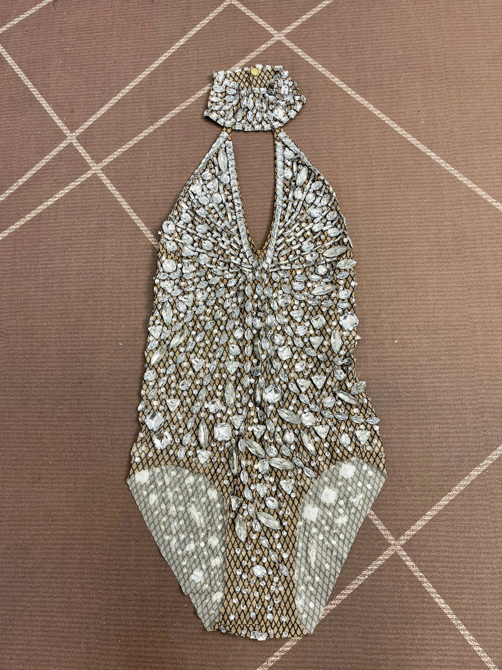 Silver Rhinestone High-Cut Backless Stage Bodysuit Dance Performance Leotard