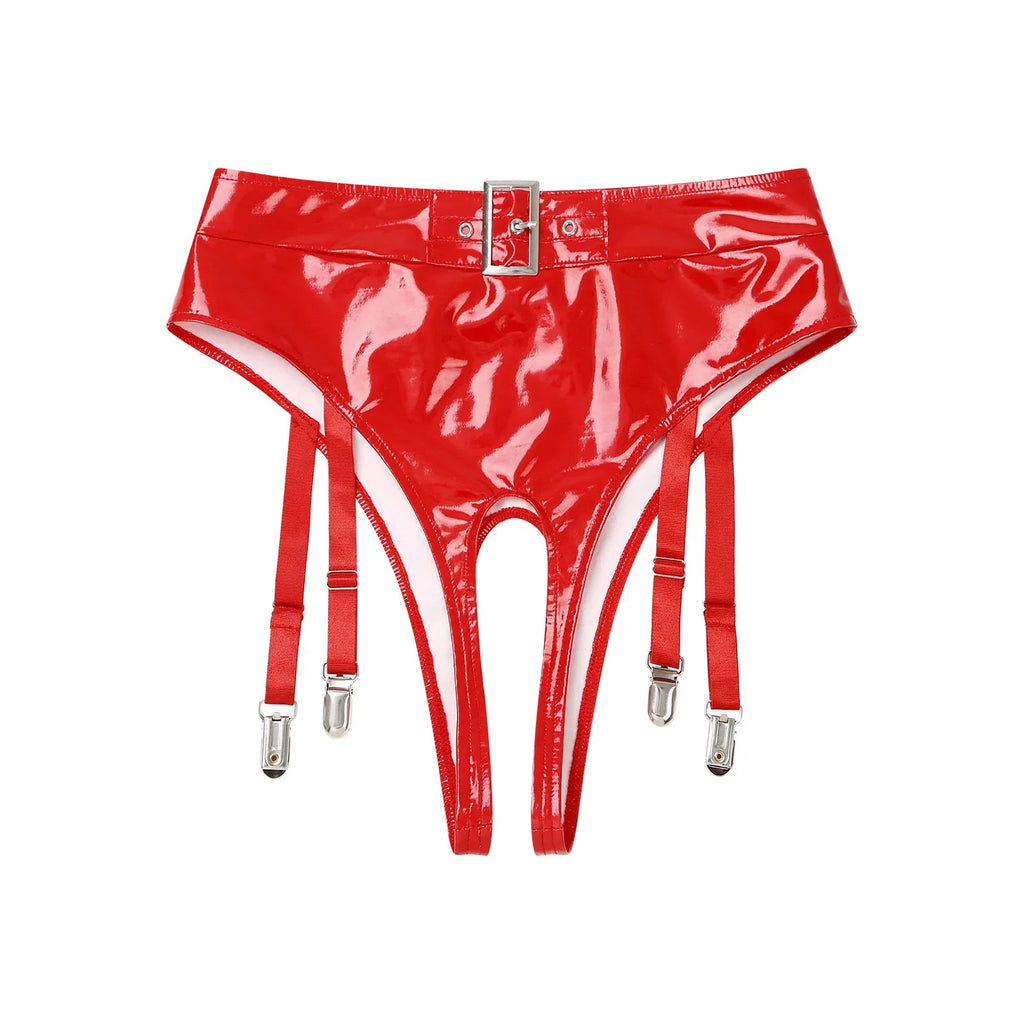 High-Waist Patent Leather Crotchless Thong & Garter Clip Lingerie