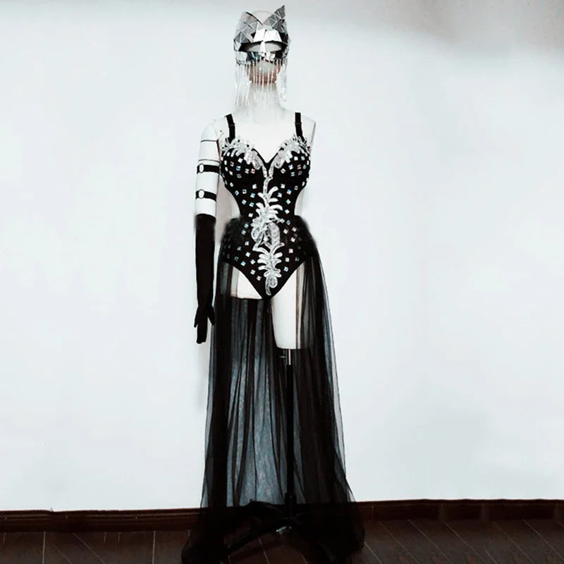 Silver Mirror Sequin Bodysuit & Dramatic Train Skirt Gogo Stage Costume Set