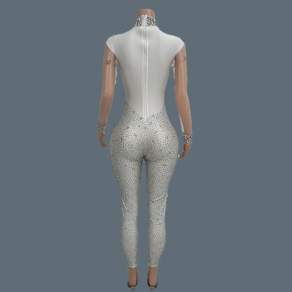Sparkly Crystal Mesh Sheer Illusion Jumpsuit Stage Catsuit Costume