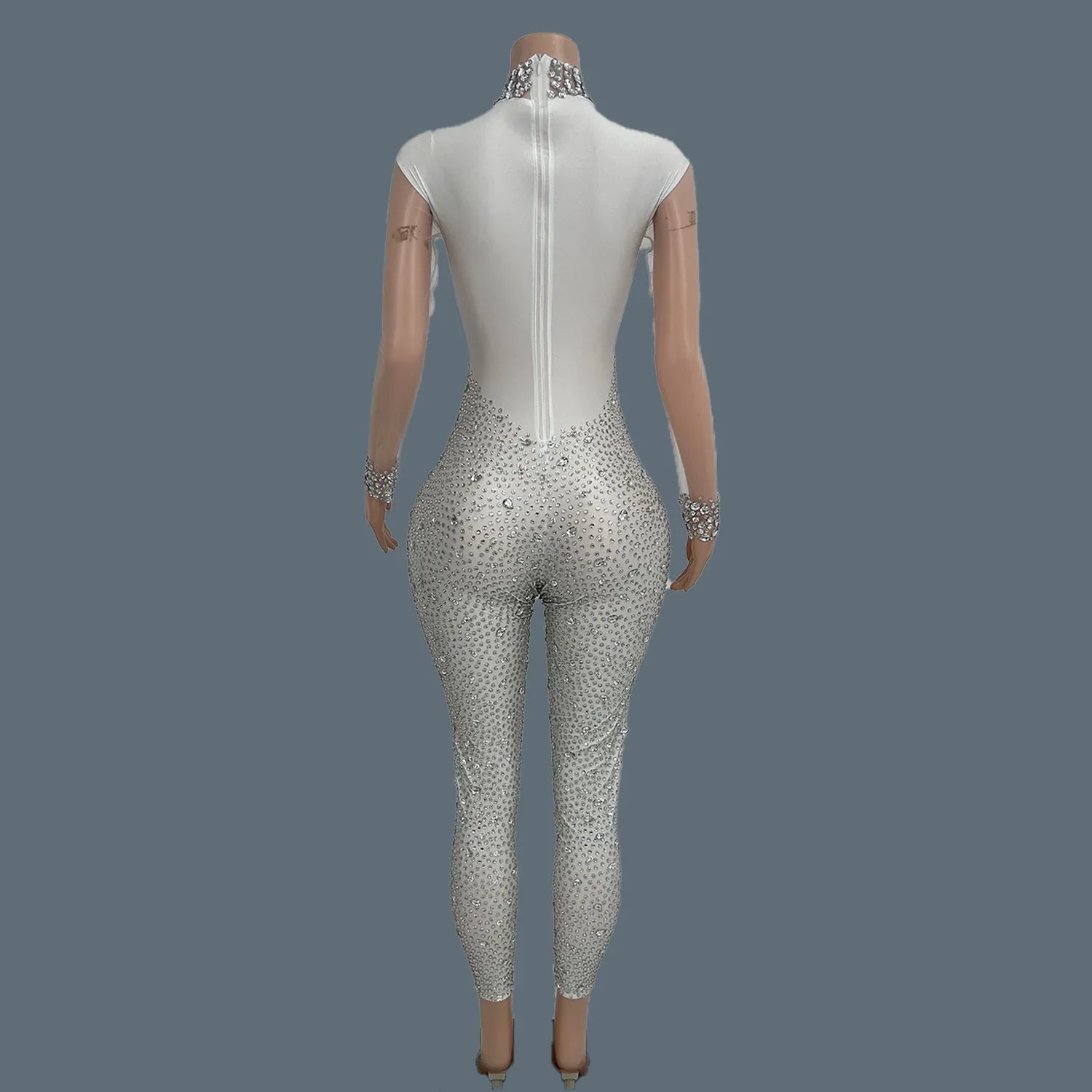 Sparkly Crystal Mesh Sheer Illusion Jumpsuit Stage Catsuit Costume