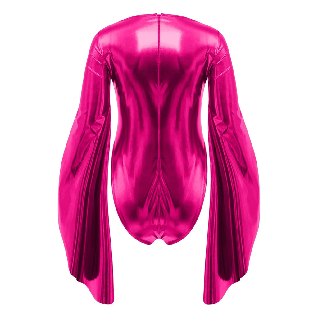 Metallic Flared Sleeve Cutout Disco Bodysuit & Metallic Rave Leotard