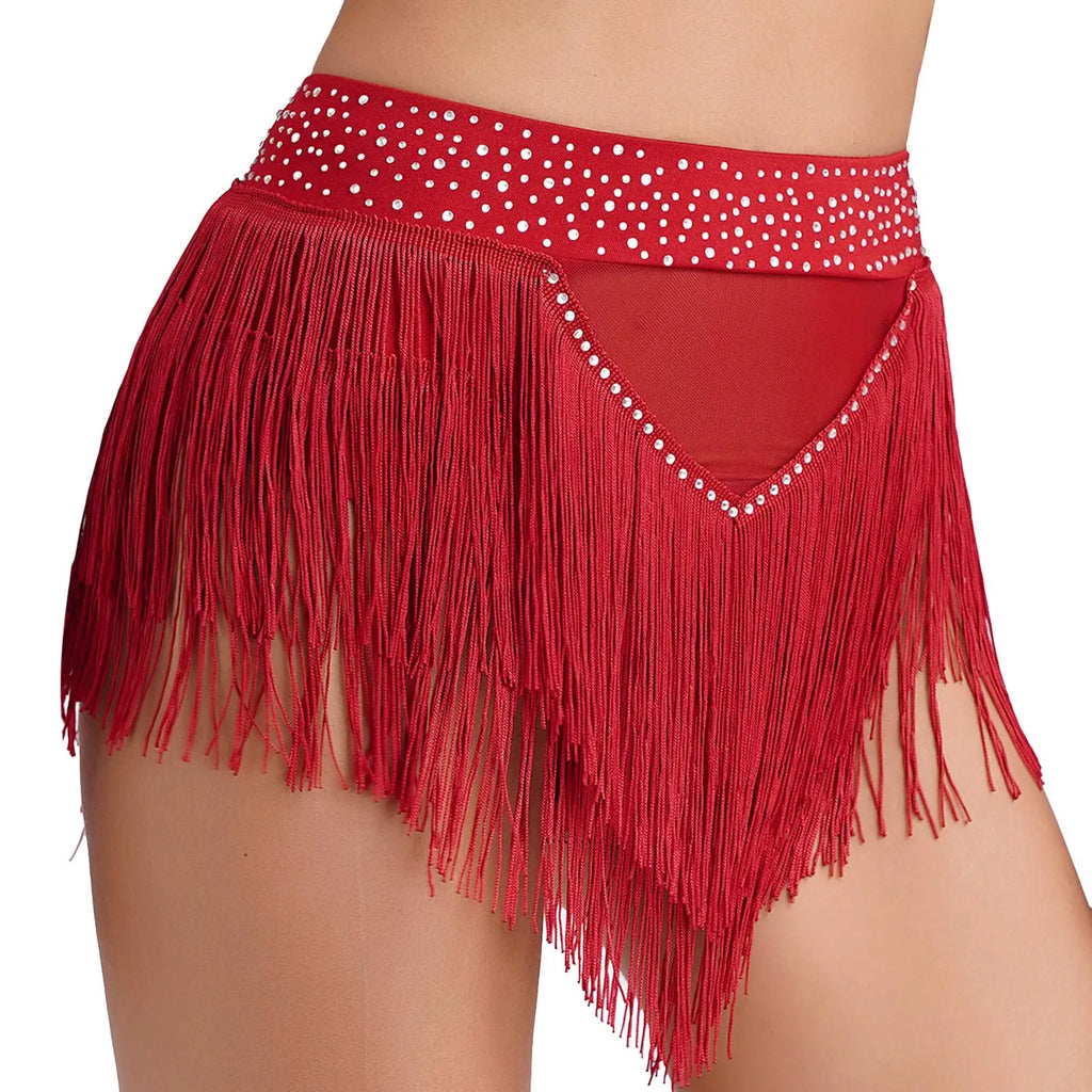 Rhinestone Tassel High-Waist Dance Shorts & Sheer Mesh Fringe Skirt