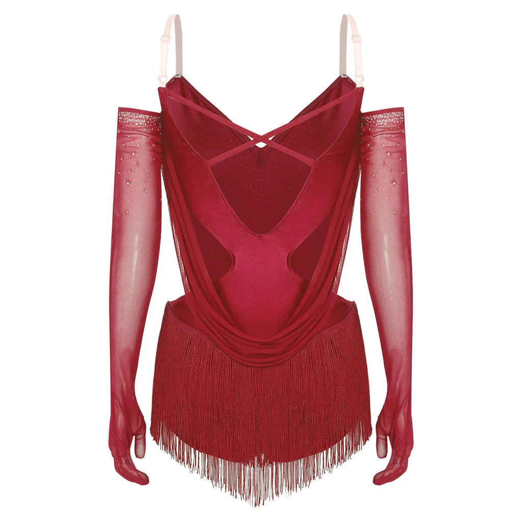 Sparkly Rhinestone & Tassel Fringe Dance Leotard with Gloves Two-Piece Stage Costume