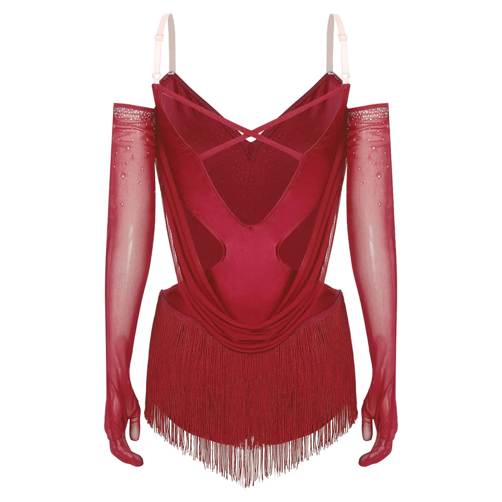 Sparkly Rhinestone & Tassel Fringe Dance Leotard with Gloves Two-Piece Stage Costume