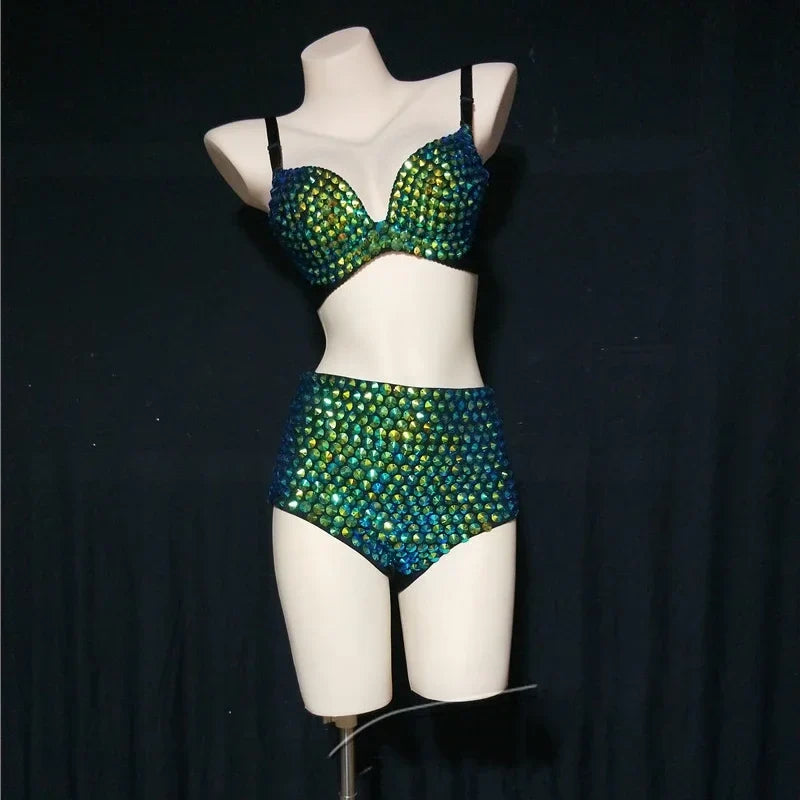 The Stardust Emerald Siren 3-Piece Suit – Luxury Rhinestone Cabaret Ensemble