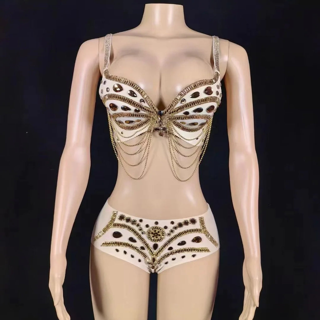 Sparkly Gold Rhinestone Two-Piece Bikini Bra & Shorts Set Stage Performance Costume
