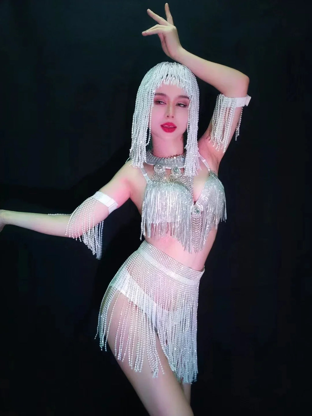 Luxury Crystal Tassel Bikini & Wig Performance Set – Premium Showgirl Stage Costume for GoGo Dancers, Nightclub DJs & Rave Outfits