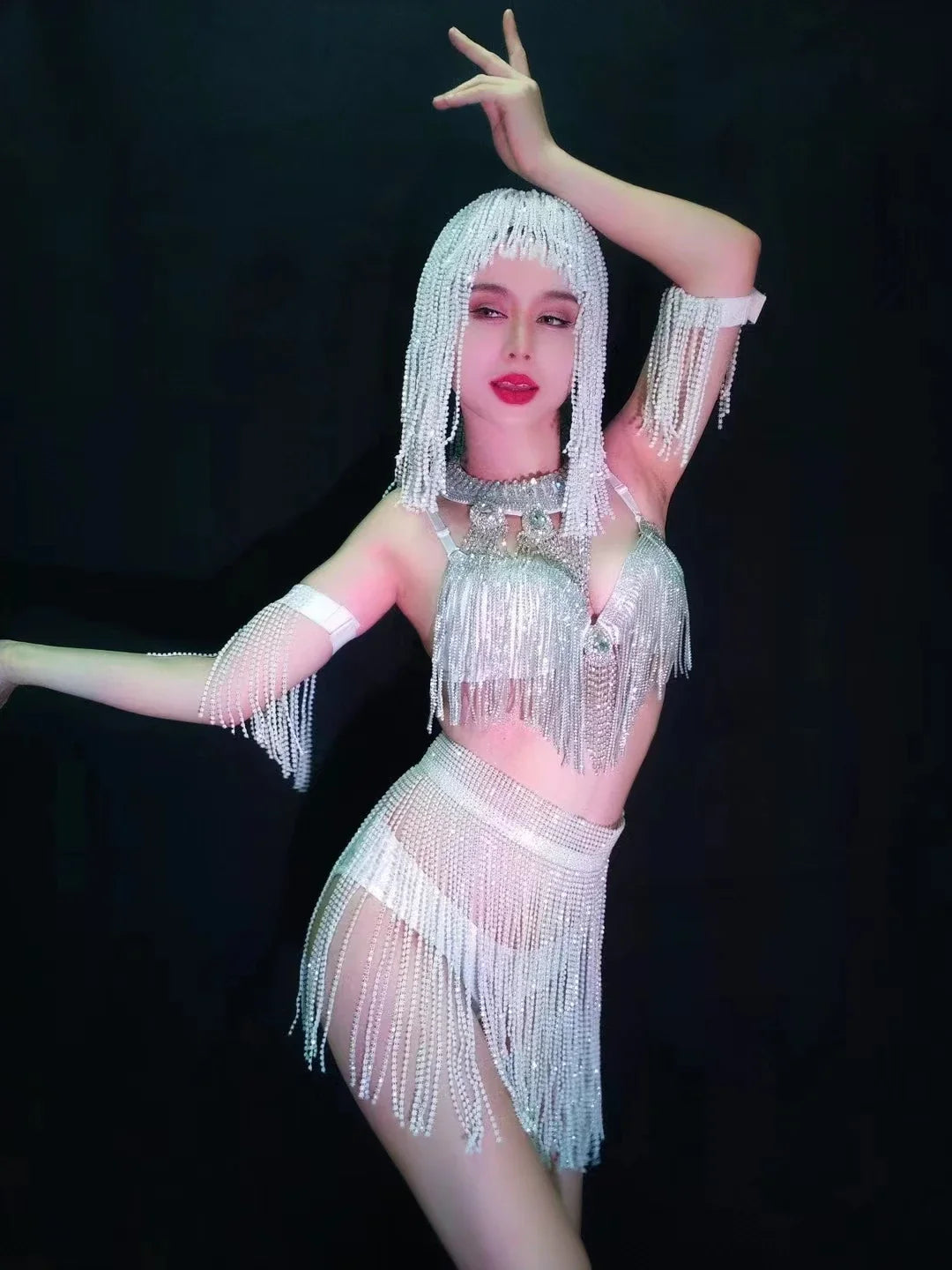 Luxury Crystal Tassel Bikini & Wig Performance Set – Premium Showgirl Stage Costume for GoGo Dancers, Nightclub DJs & Rave Outfits