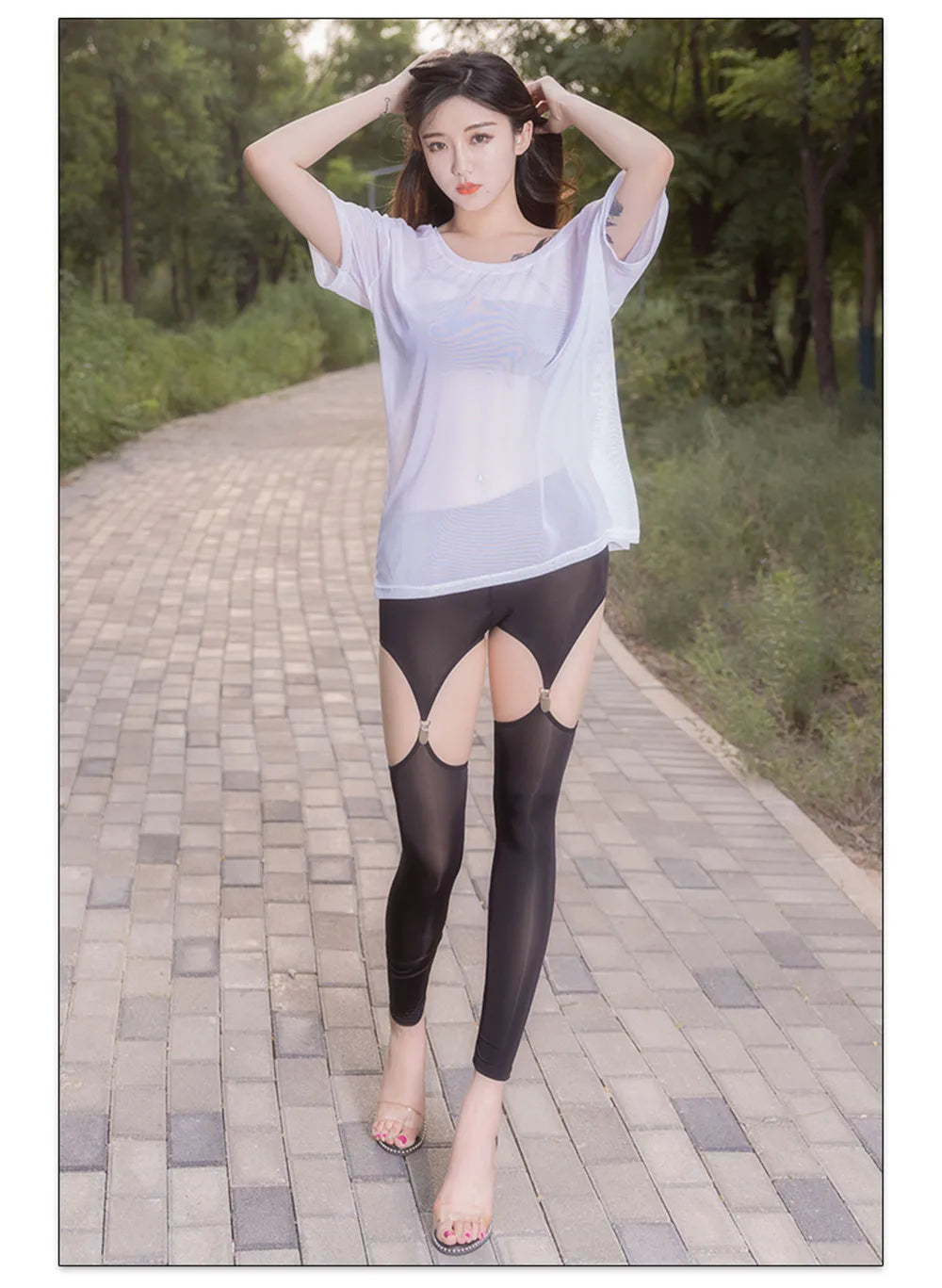 Hollow Out Buckle Shaper Oil Shiny Leggings Garter Belt Pencil Pants
