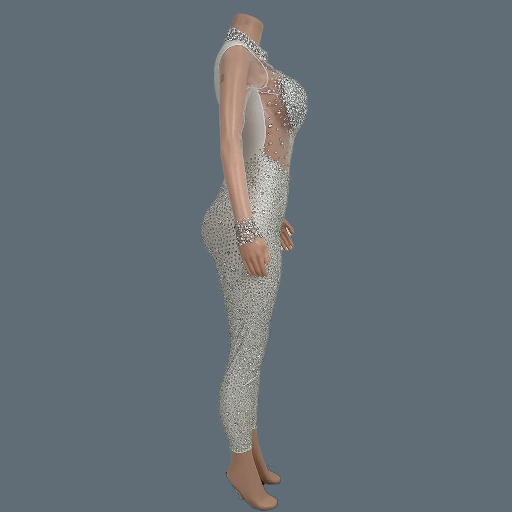 Sparkly Crystal Mesh Sheer Illusion Jumpsuit Stage Catsuit Costume